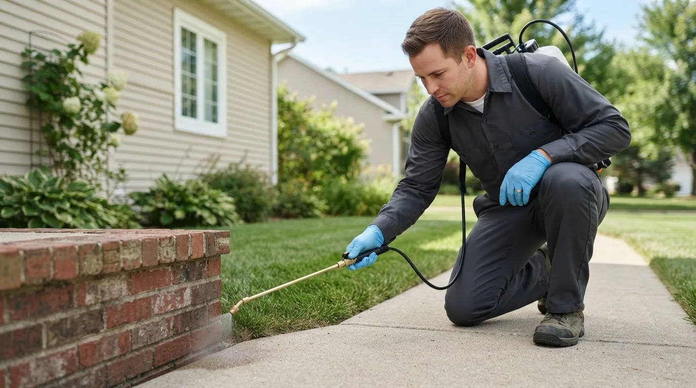 Pest control technician treating a home near Huxford, AL