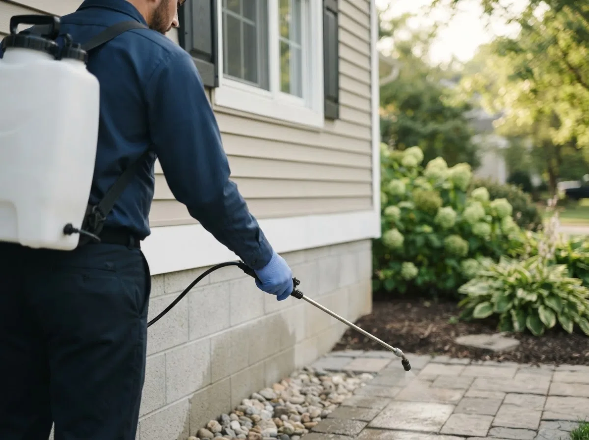 Pest control technician inspecting a home in Huxford, AL